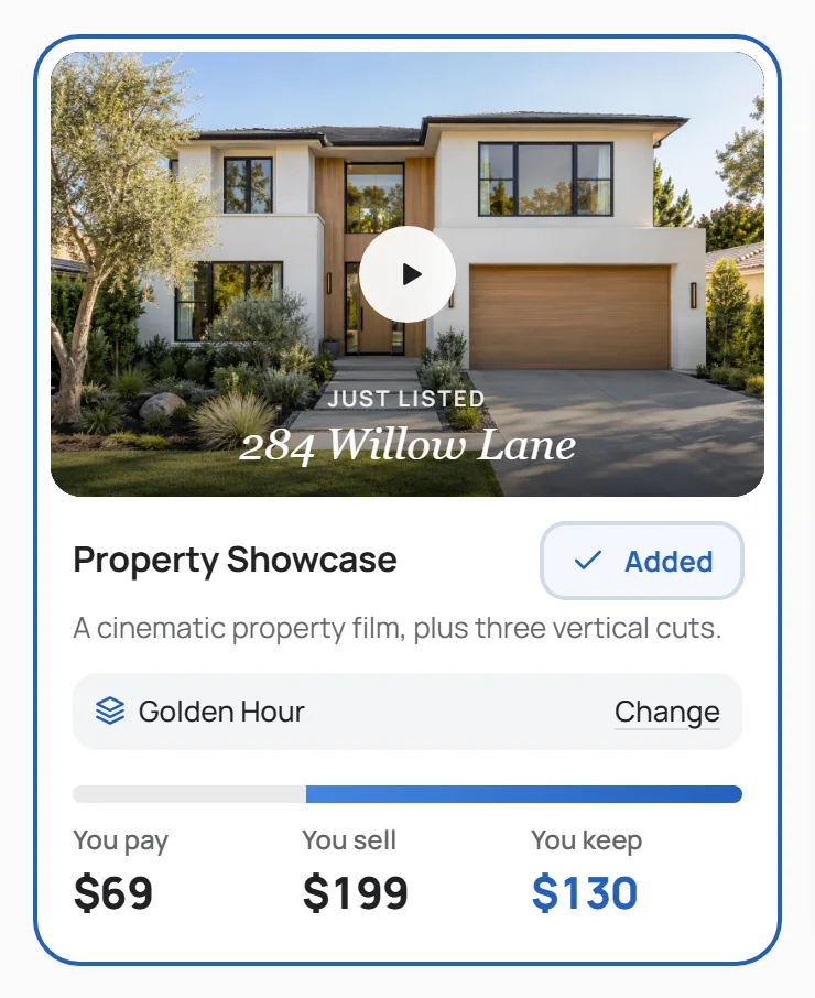 DoorFrame’s Choose videos card for Property Showcase: you pay $69, sell for $199 and keep $130