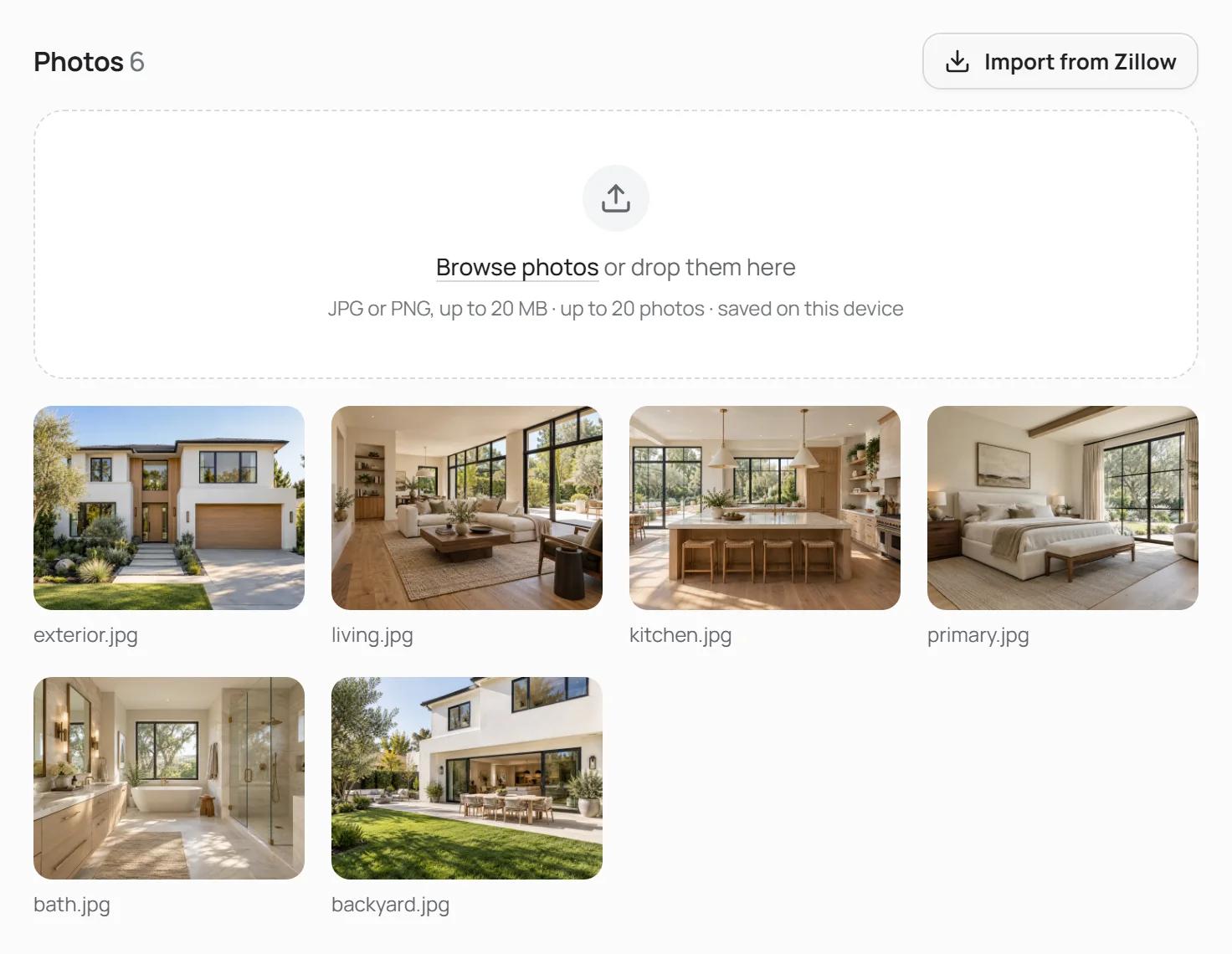 DoorFrame’s New listing screen with six listing photos added